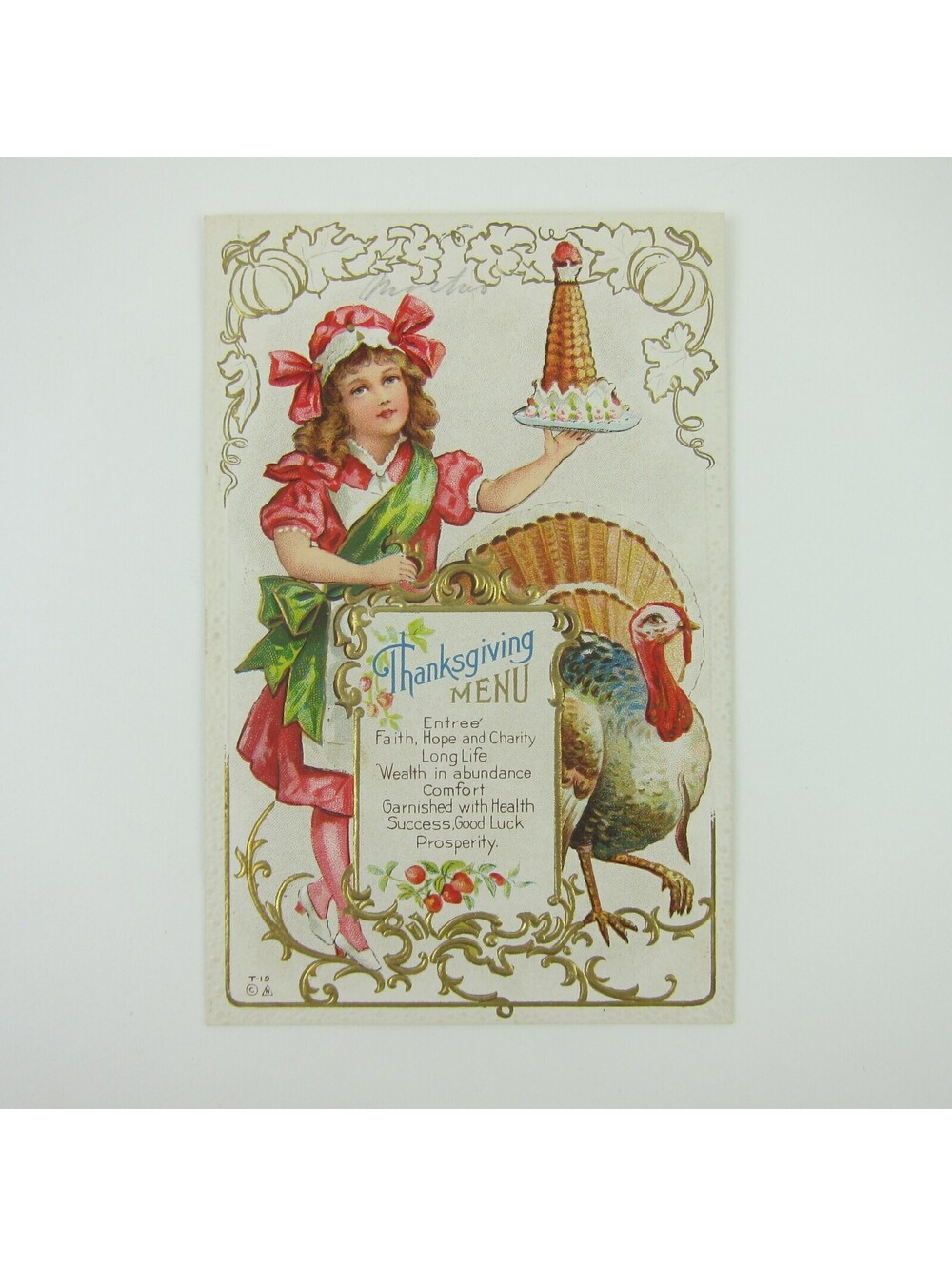 Thanksgiving Postcard Wild Turkey Girl Chef Dessert Pudding Embossed Antique